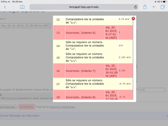 5:51 p. m. Vie 25 ene. 62 % loncapa1.hep.uprm.edu os:1 Computadora lee la unidades de n/s 12 0.75 m/s Vie, 25. En 2019, 22:30:00 hs (AST Vie, 25 En 2019, 9:17:41 hs (AST) 13 Incorrecto. (Intento 6) Sólo se requiere un número. Computadora lee la unidades de /4 14 3/4 Sólo se requiere un número. Computadora lee la unidades de m/s 15 2.125 m/s Vie, 25 En 2019, 2.125 16:41:09 hs (AST) 16 Incorrecto. (Intento 7) Sólo se requiere un número Computadora lee la unidades de m/s 17 -0.75 m/s is graph of displacement versus time Vie, 25 En 2019, -0.75 17:33:10 18 Incorrecto. (Intento 8 war Tries 8/10 nviar Mensaje de Discusión