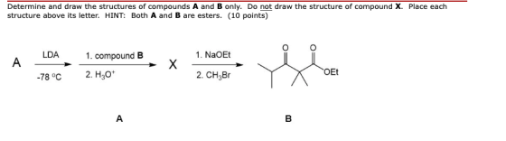 Determine and draw the structures of compounds A and B only. Do not draw the structure of compound X. Place each structure ab