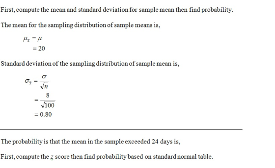 First, compute the mean and standard deviation for sample mean then find probability. The mean for the sampling distribution