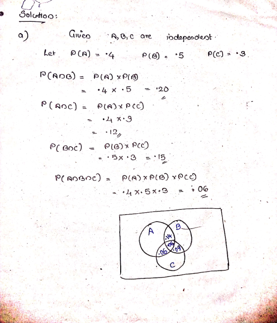 Solution: a) Let Given A, 8c are indepescent. PCA) = . 4 p (0. 5 PCC): 3 Plano) - PIA) PIS. = .4 x .5 = 20 planc) - PINX.pcc