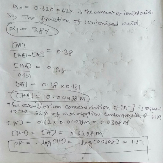 xos 0.620 = 627. is the amount at ionised and. So, The fraction of unionised and MI [HALAT - 0.38 0.131 AA] = 0.38 x0.131 TCH