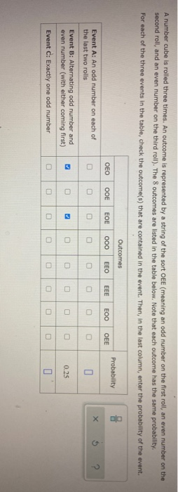 A number cube is rolled three times. An outcome is represented by a string of the sort OEE (meaning an odd number on the firs