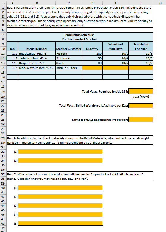 1 Req. 5: Use the estimated labor time requirement to schedule production of Job 114, including the start 2 and end dates. As