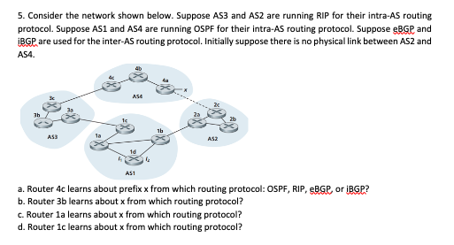 . Consider the network shown below. Suppose AS3 and AS2 are running RIP for their intra-AS routing protocol. Suppose AS1 and AS4 are running OSPF for their intra-AS routing protocol. Suppose eBGP and BGP are used for the inter-AS routing protocol. Initially suppose there is no physical link between AS2 and AS4. 2c a. Router 4c learns about prefix x from which routing protocol: OSPF, RIP, eBse or iBR? b. Router 3b learns about x from which routing protocol? c. Router 1a learns about x from which routing protocol? d. Router 1c learns about x from which routing protocol?