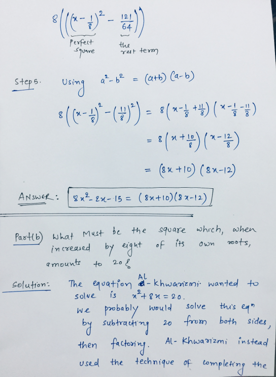 2 8. 121 64 perfect square the rest term steps using a ²-6² (cath) Carb) s(0-7-3)*) = *(*** ++)(***) = 8(**) (-1) 8 (8x +10)