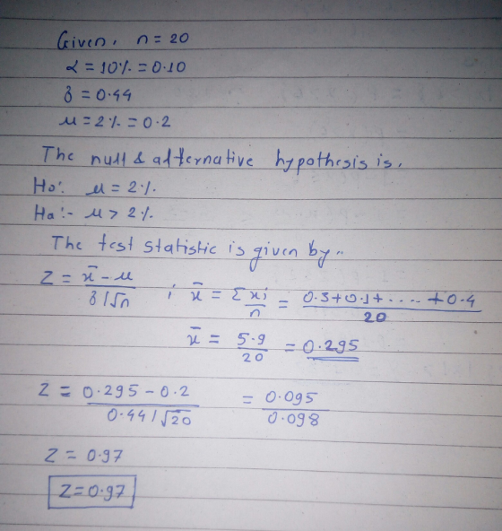 =044 The nudl & adtenatve hypothesis is Hal. ,U= 2./. The test stahistic is Fiven b [In 20 JL= 5-9 0-2-35 2 0 Z 0.2g5-0.2 0-4