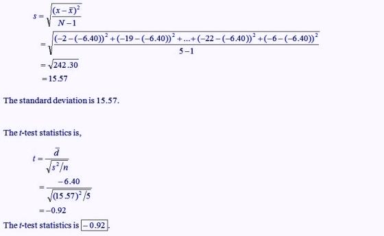 (r -x)2 N-1 (-2-(-6.40))2 +(-19-(-6.402++-22 -(-6.40)2+(-6-(-6.40)2 242.30 5-1 -15.57 The standard deviation is 15.57 The t-t