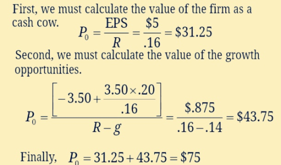 First, we must calculate the value of the firm as a cash cow. EPS $5 1.25 Second, we must calculate the value of the growth o