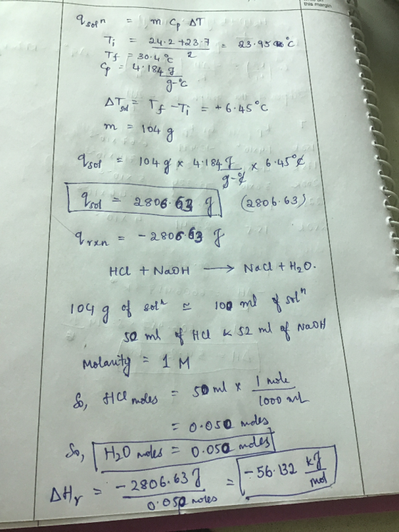 this margin V soon , m cp. AT 7; = 24.2 +237 - 23.95C Tf ? 30.4°C C = 4184 g g-°C AT Tf -Ti = + 6.45°C m = 104 g it Vsol = 10