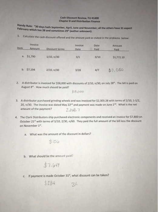 Cash Discount Review, Tu 41400 Chapter 8 and Distribution Finance Handy Rule: 30 days hath September. April June and Novembe