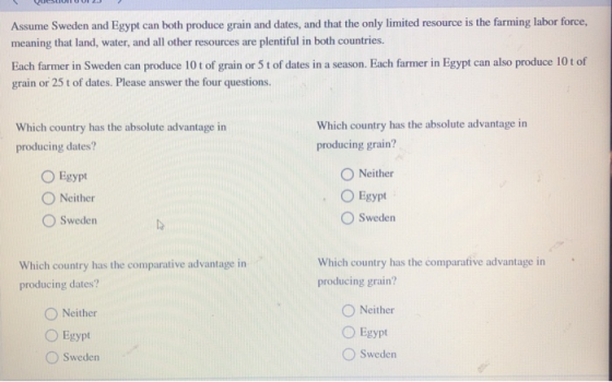 Assume Sweden and Egypt can both produce grain and dates, and that the only limited resource is the farming labor force, mean