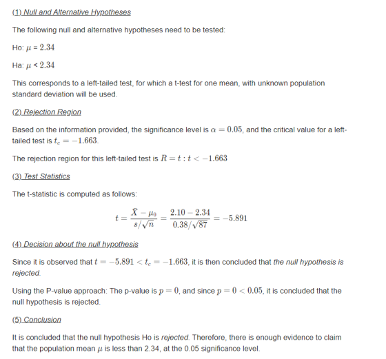 (1) Null and Alternative Hypotheses The following null and alternative hypotheses need to be tested: Но: д %3 2.34 На: д < 2.