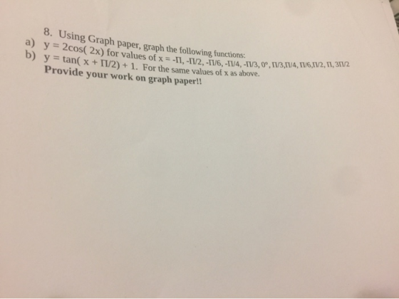 a) b) 8. Using Graph paper, graph the following functions: y = 2cos(2x) for values of x = -11, -11/2, -11/6, -11/4, -1/3, y =