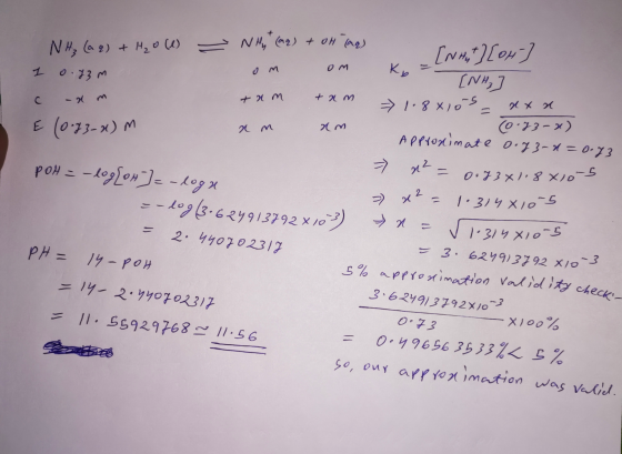 = NH₂ (aq) + H₂O W 1 0.7m c am E (0*73-2) M I NHg & Cong) + oH Tags - [NA] [OH-] on om Ky = 2 [NH₂ tam tam 1.8x10s = axa am a