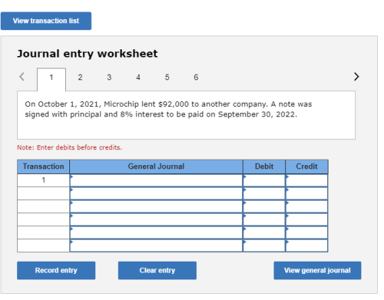 View transaction list Journal entry worksheet 2 3 4 5 6 On October 1, 2021, Microchip lent $92,000 to another company. A note