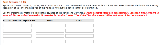 Brief Exercise 16-05 Ayayai Corporation issued 1,350 $1,000 bonds at 101. Each bond was issued with one detachable stock warr