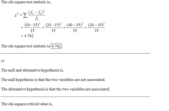 The chi-square test statistic is, x? = 2 (f. - $.)? fe (10-15) (20 – 15)2 (40 – 35)2 + 15 15 35 = 4.762 (20 - 35) + + 35 The