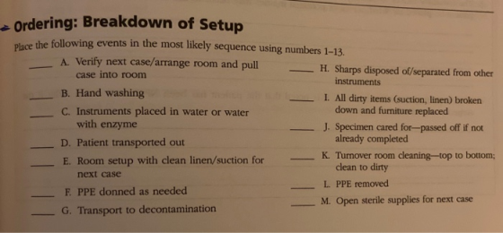 Ordering: Breakdown of Setup place the following events in the most likely sequence using numbers 1-13. A. Verify next case/a