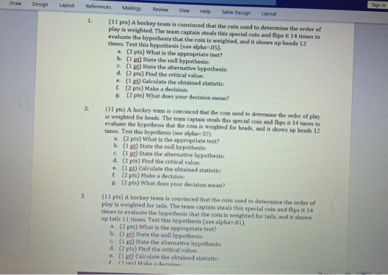 Draw Design Layout References Sign in Malings Review View Help Table Design Layout (11 pts) A hockey team is convinced that t