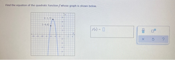 Find the equation of the quadratic function f whose graph is shown below. (-5,7) (-6) 5 ?