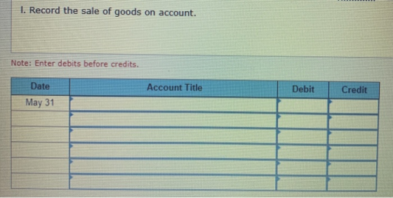 I. Record the sale of goods on account. Note: Enter debits before credits. Date Account Title Debit Credit May 31
