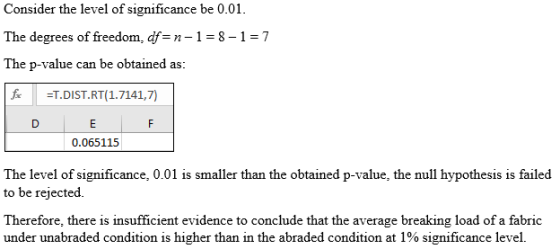 Consider the level of significance be 0.01. The degrees of freedom, df=n-1=8-1 =7 The p-value can be obtained as: for =T.DIST