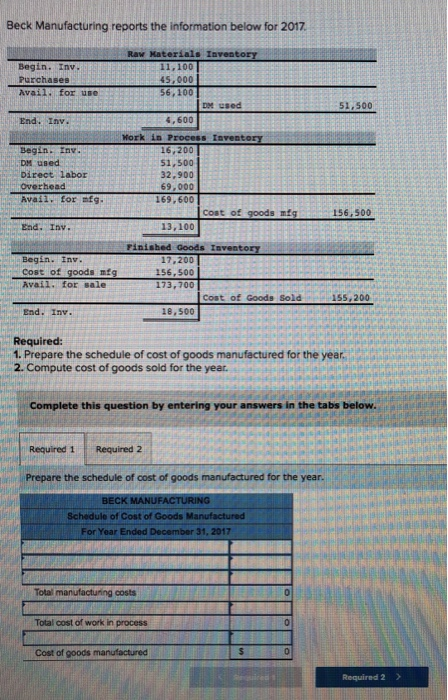 Beck Manufacturing reports the information below for 2017 begin. Inv. Purchases Avail. for use Raw Materials Inventory 11.100