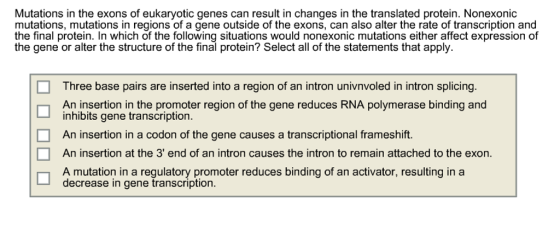 Mutations in the exons of eukaryotic genes can res