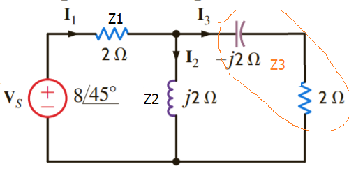 I, Ι; Z1 - 2 Ω I, +j2 Ω Z3 Vs +) 8/45° Z2ξ j2 Ω 2 Ω