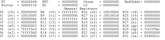 PC Status = 00400048 EPC = 00000000 Cause = 00000000 BadVAddr=00000000 3000ff10 HI =00000000 LO = 00000000 General Registers