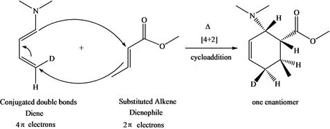 [4+2]
cycloaddition
one enantiomer
Conjugated double bonds
Diene
4x electrons
Substituted Alkene
Dienophile
2x clectrons
