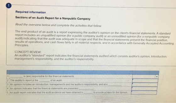 0 Required information Sections of an Audit Report for a Nonpublic Company Read the overview below and complete the activities that follow. The end product of an audit is a report expressing the auditors opinion on the clients financial statements. A standard report includes an unqualified opinion (for a public company audit) or an unmodified opinion (for a nonpublic company audit) indicating that the audit was adequate in scope and that the financial statements present the financial position results of operations, and cash flows fairly in all material respects, and in accordance with Generally Accepted Accounting Principles. CONCEPT REVIEW An auditors standard report indicates the financial statements audited which consists auditors opinion, Introduction, managements responsiblity, and the auditors responsibility is (are) responsible for the financial statements 2 The auditors report is the of an audit es an 4 An opinion indicates that the financial statements ane presentecd 5 An audit report indicates that the audit evidence we have obtained is ill to provide a basis for the opinion