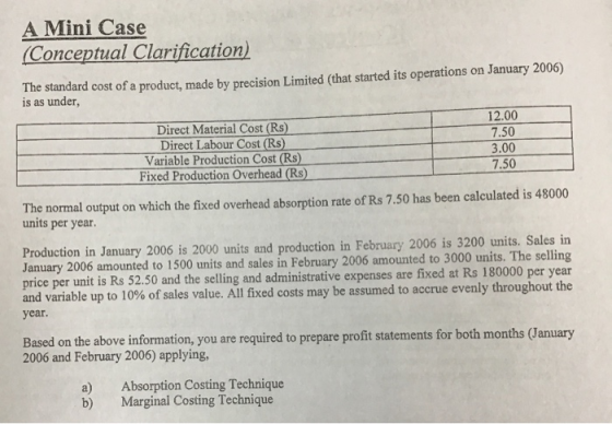 A Mini Case (Conceptual Clarification) The standard cost of a product, made by precision Limited (that started its operations