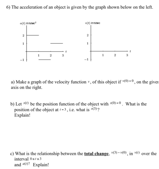 6) The acceleration of an object is given by the graph shown below on the left. a(t) inmsec (t) in msec 3 a) Make a graph of the velocity function v, of this object if-, on the giver axis on the right. b) Let be the position function of the object with 0-0. What is the position of the object at-3, i.e. what is 3)? Explain! c) What is the relationship between the total change, )-v(0), in over the interval 0sis3 and 07 Explain