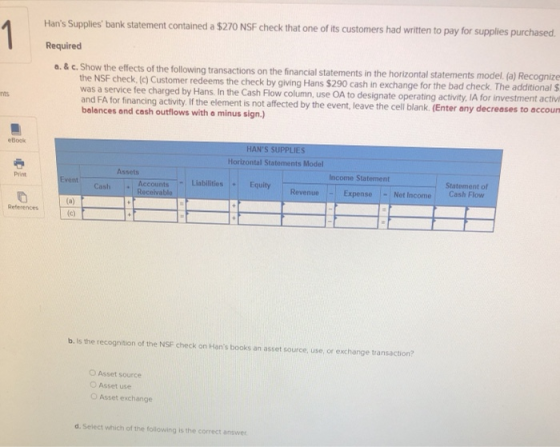 1 Hans Supplies bank statement contained a $270 NSF check that one of its customers had written to pay for supplies purchas