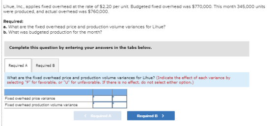 Lihue, Inc., applies fixed overhead at the rate of $2.20 per unit. Budgeted fixed overhead was $770,000. This month 345.000 u