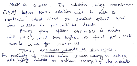 - NaOH is a base . The solution having manimum [H3O+] before NaOH addition will be able to neutralize added NaOH to greatest