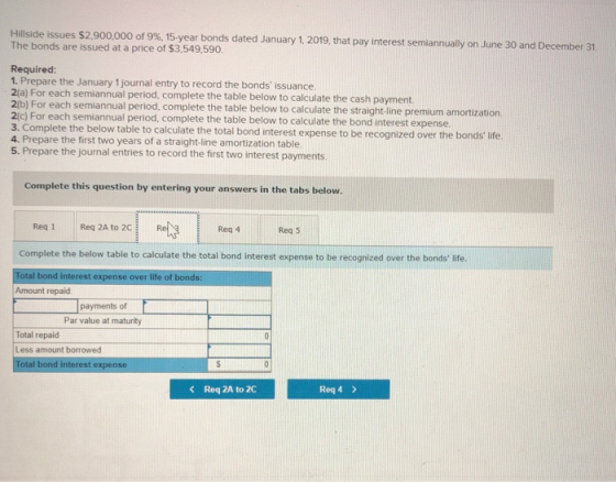 Hillside issues $2.900,000 of 9%, 15-year bonds dated January 1, 2019, that pay interest semiannually on June 30 and December