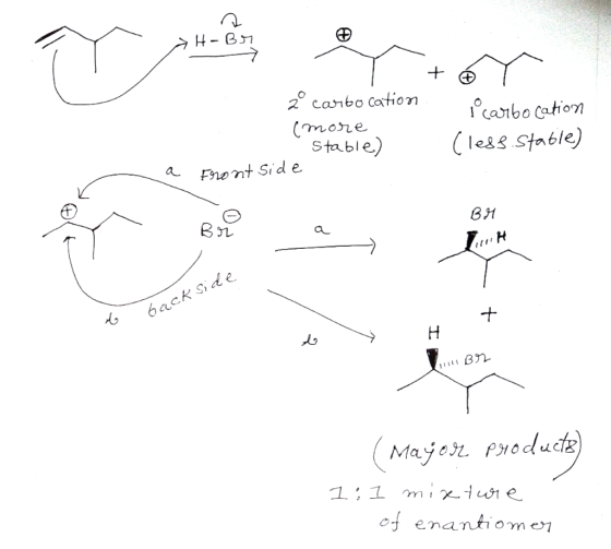n H-Br + 6 Y carbocation e carbocation (more stable) Front Side . (less stable) - BM Br a back side 6 (un Bor 1: (Major produ