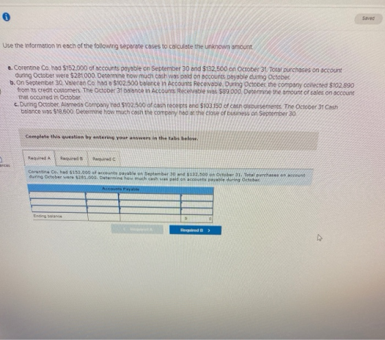 Saved Use the information in each of the following separate cases to calculate the unknown amount a. Corentine Co. had $152.0