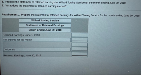 1. Prepare the statement of retained earnings for Willard Towing Service for the month ending June 30, 2018. 2. What does the