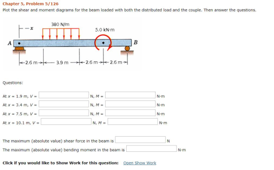 Chapter 5, Problem 5/126 Plot the shear and moment diagrams for the beam loaded with both the distributed load and the couple