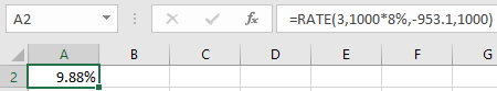 A2 foc =RATE(3,1000*8%,-953.1,1000) Xv X C B D E F G A 9.88% 2