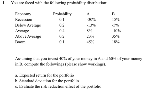 1. You are faced with the following probability distribution: Economy Recession Below Average Average Above Average Boom Prob