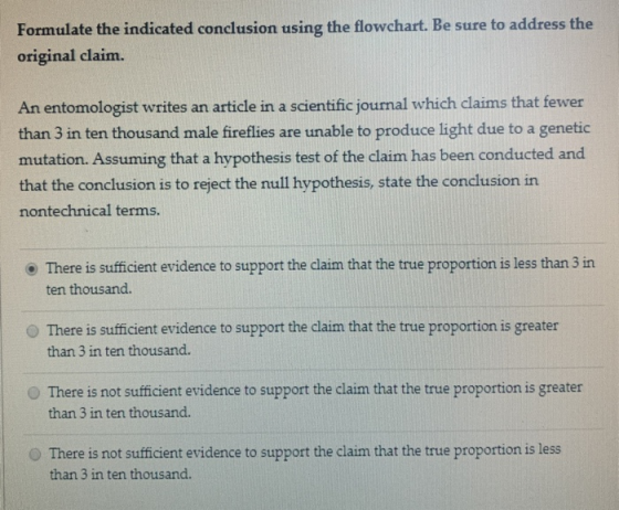 Formulate the indicated conclusion using the flowchart. Be sure to address the original claim. An entomologist writes an arti