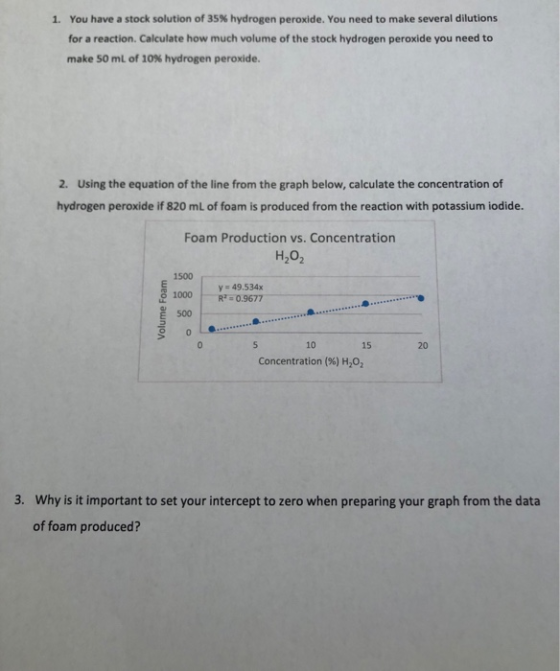 1. You have a stock solution of 35 % hydrogen peroxide. You need to make several dilutions for a reaction. Calculate how much