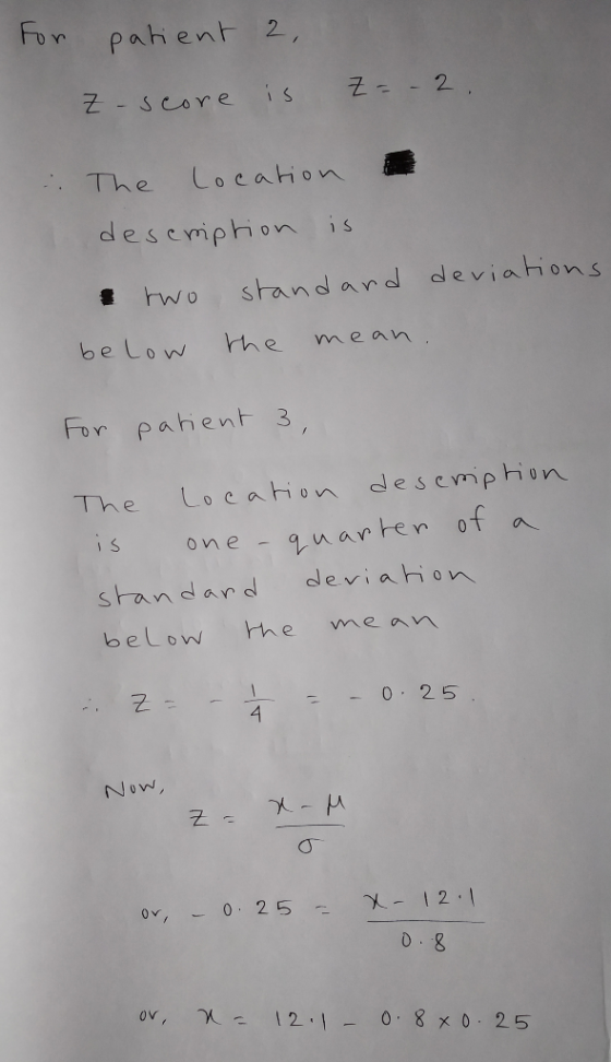 For pahent 2, Z -2 i s Score Location . The descmphion is standard deviations hwo be Low Me mean For pahent 3, Location descm