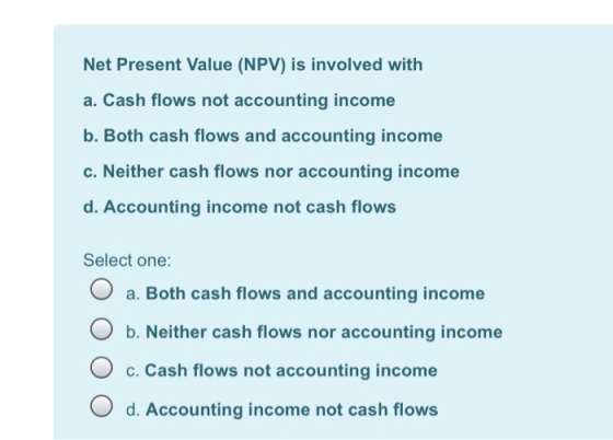 Net Present Value (NPV) is involved with a. Cash flows not accounting income b. Both cash flows and accounting income c. Neit