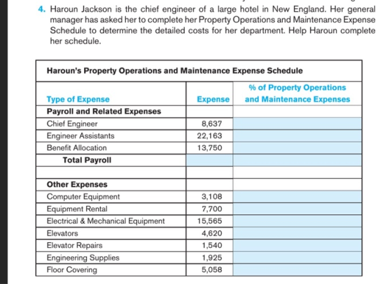 4. Haroun Jackson is the chief engineer of a large hotel in New England. Her general manager has asked her to complete her Pr