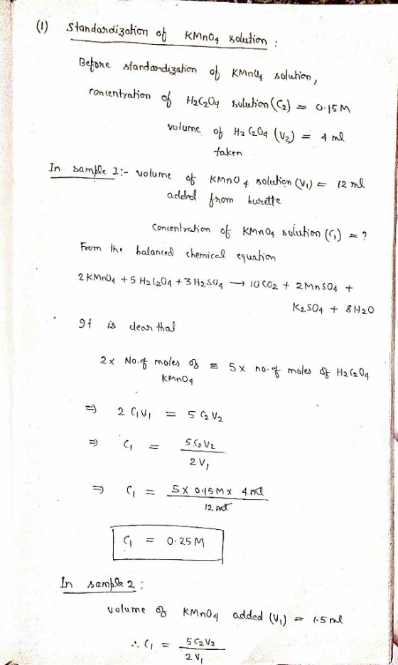 standondizahion of KMno4 8olution: Bebone fandandigzahion o KMn4 Aoluhion, rontentrahion H2C204 uluhon (G 15 M volume o H2 20